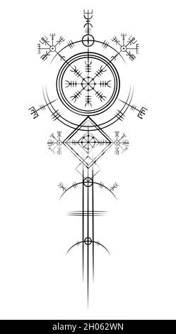Magischer alter wikinger Art deco, Vegvisir magischer Navigationskompass uralt. Die Wikinger verwendeten viele Symbole in Übereinstimmung mit der nordischen Mythologie Zeichen Stock Vektor