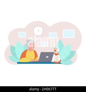 Glückliche Großmutter mit Laptop. Ältere Frau, die am Laptop arbeitet, Hauskatze. Vektorgrafik im flachen Stil Stock Vektor