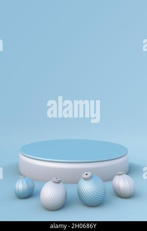 3D Pastell blauen Sockel Podium Schritte mit Weihnachtskugeln für Marke Promotion Produkt. Kreativer minimaler festlicher Hintergrund für Werbepräsentation Stockfoto