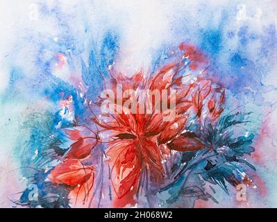 Schöne abstrakte Aquarell Blumenmalerei mit roten Blumen, blauer Hintergrund. Indische Aquarellkunst Stockfoto