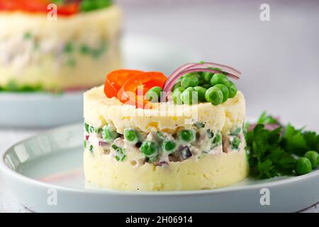 Ein traditionelles peruanisches Gericht. Mit Huhn gefüllte Causa. Stockfoto