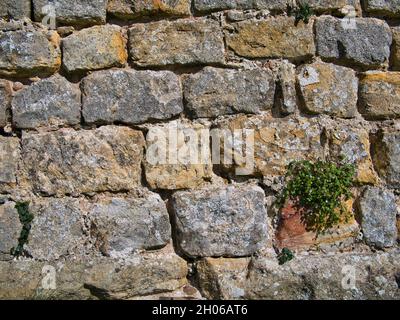 Reihen von alten Steinblöcken in einer alten Mauer. An einem sonnigen Tag aufgenommen. Stockfoto