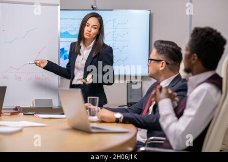 Junge, elegante Wirtschaftswissenschaftlerin, die Finanzschwankungen erklärt, zeigt die Grafik am Whiteboard Stockfoto