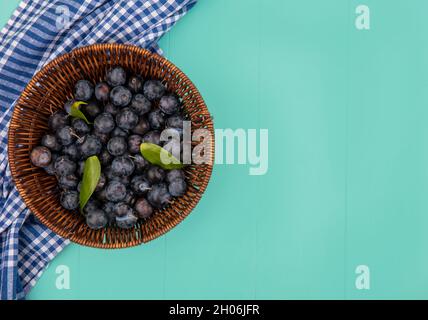 Draufsicht auf eine kleine saure Frucht mit dunkler Haut Schlehen auf blauem Hintergrund mit Kopierraum Stockfoto