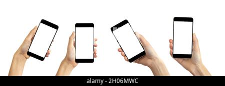 Satz von Frau Hand hält Handy mit leerem Bildschirm, Frau mit schwarzem Smartphone isoliert auf weißem Hintergrund. Stockfoto