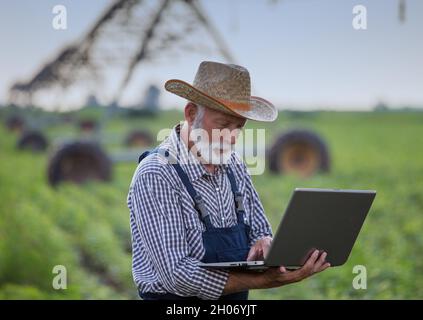 Reifer Bauer mit Laptop im Sojabohnenfeld mit Bewässerungssystem im Hintergrund Stockfoto