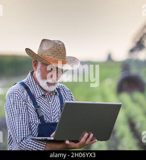 Reifer Bauer mit Laptop im Sojabohnenfeld mit Bewässerungssystem im Hintergrund Stockfoto