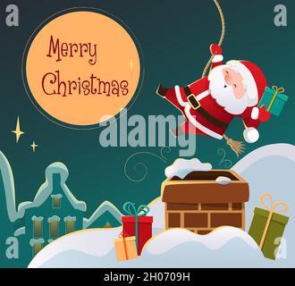Der niedliche Weihnachtsmann geht den Kamin auf dem Dach des Hauses hinunter. Weihnachtskarte, Hintergrund, Banner im Cartoon-Stil. Vektorgrafik Stock Vektor