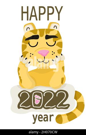 Neujahrskarte mit einem Grußschriftzug und einem niedlichen Tiger. Das Symbol des chinesischen Neujahrs 2022 ist der Tiger. Stock Vektor