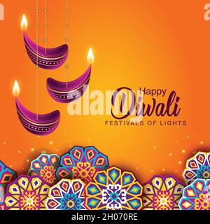 Indian Festival Happy Diwali mit Diwali Requisiten, Urlaub Hintergrund, Diwali Feier Grußkarte, Vektor-Illustration Design. Stock Vektor