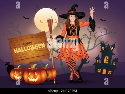 HalloweenFrohes Halloween. Nettes kleines Mädchen Hexe mit einem Kürbis auf Nacht Hintergrund. vektor-Illustration Stock Vektor