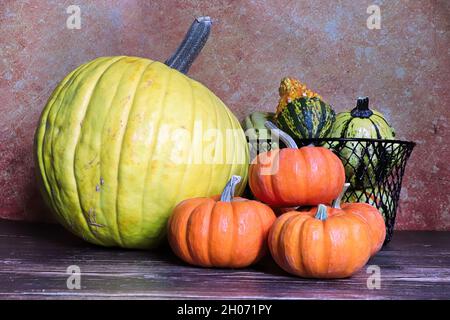 Ein Hintergrund mit verschiedenen Kürbissen und Kürbissen Stockfoto
