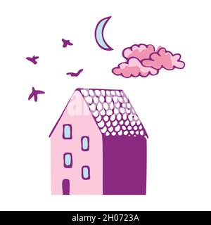 Vektordarstellung eines Hauses mit Vögeln, Himmel und Mond. Doodle-Designelemente. Stock Vektor