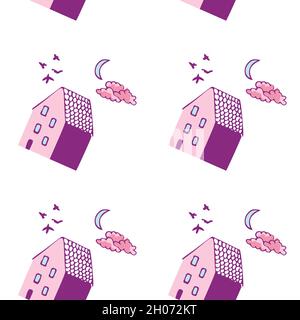 Weißes Hintergrundmuster mit rosa und violetten Häusern, blauem Mond, Wolken und Vögeln. Stock Vektor