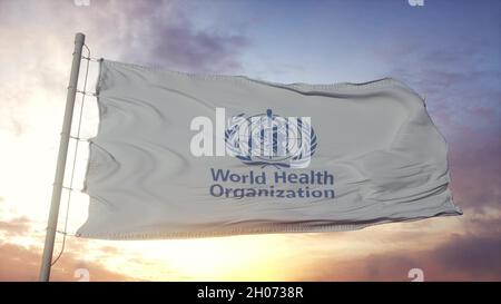 Die Flagge der Weltgesundheitsorganisation winkt im Wind-, Himmel- und Sonnenhintergrund. 3D Rendern Stockfoto