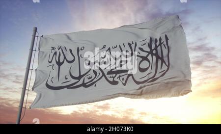 Flagge der Taliban, die im Wind-, Himmel- und Sonnengrund schwenkt. 3D Rendern Stockfoto