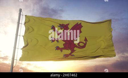 Somerset Flagge, England, winkt im Wind, Himmel und Sonne Hintergrund. 3D Rendern Stockfoto
