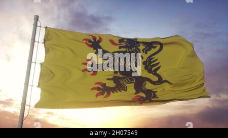 Flagge Nord-Pas-de-Calais, Frankreich, winkt im Wind-, Himmel- und Sonnengrund. 3D Rendern Stockfoto