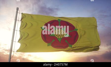 Lancashire Flagge, England, winkt im Wind, Himmel und Sonne Hintergrund. 3D Rendern Stockfoto