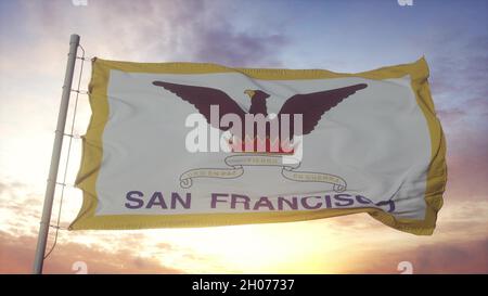 San Francisco Flagge, Kalifornien, winkt im Wind, Himmel und Sonne Hintergrund. 3D Rendern Stockfoto