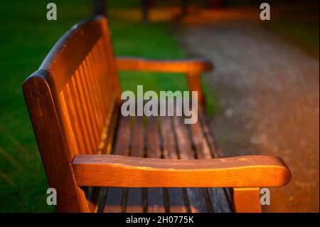 Eine Holzbank in einem Park an einem Pfad. Der Sitz hat eine rot-braune Farbe und wird von einer Parkleuchte beleuchtet. Die Maserung im Holz ist zu sehen. Stockfoto
