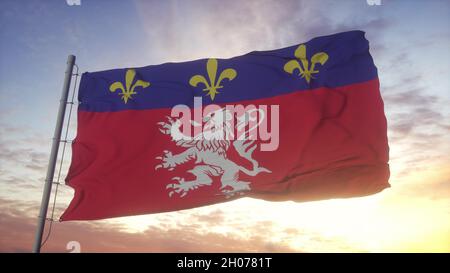 Flagge von Lyon, Stadt von Frankreich winkt im Wind, Himmel und Sonne Hintergrund. 3D Rendern Stockfoto