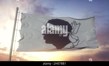 Flagge Korsikas, Frankreich, winkt im Wind, Himmel und Sonne Hintergrund. 3D Rendern Stockfoto