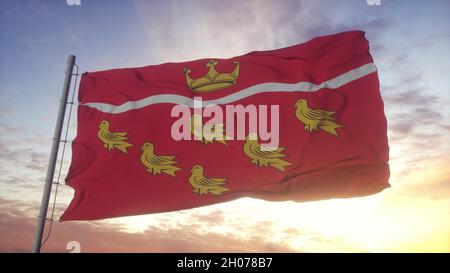 East Sussex Flagge, England, winkt im Wind, Himmel und Sonne Hintergrund. 3D Rendern Stockfoto