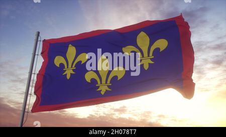 Anjou Flagge, Frankreich, winkt im Wind, Himmel und Sonne Hintergrund. 3D Rendern Stockfoto