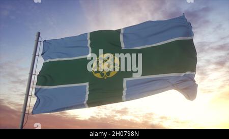 Derbyshire Flagge, England, winkt im Wind, Himmel und Sonne Hintergrund. 3D Rendern Stockfoto