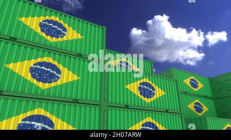 Container mit brasilianischer Flagge befinden sich am Containerterminal. Konzept für Brasilien Import und Export. 3D Rendern Stockfoto