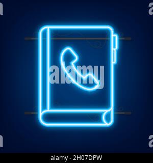 Flaches Symbol mit blauem Neon-Kontaktbuch auf dunklem Hintergrund für Papierdesign. Telefonsymbol. Vektorgrafik Stock Vektor