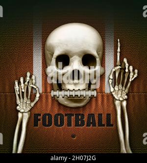 Skeletthand, die den Zeigefinger hochhält, was bedeutet, dass wir die Nummer eins auf einem in zwei Dimensionen abgeflachten Fußball sind. Stockfoto