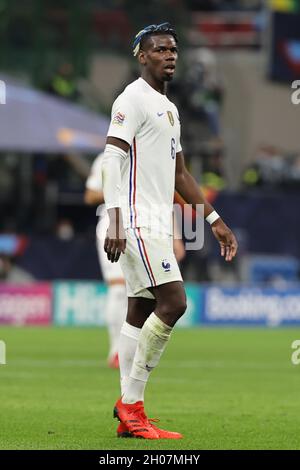 Mailand, Italien. Oktober 2021. Paul Pogba aus Frankreich reagiert während des UEFA Nations League Finals 2021-Finalspiels zwischen Spanien und Frankreich im Giuseppe-Meazza-Stadion, Mailand, Italien am 10. Oktober 2021 Quelle: Independent Photo Agency/Alamy Live News Stockfoto