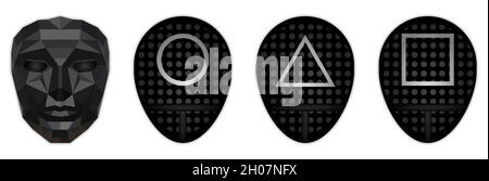 Vinnytsia, Ukraine - 11. Oktober 2021: Set der Masken der Tintenfisch-Spiel-Charaktere. Vektorgrafik EPS10 Stock Vektor