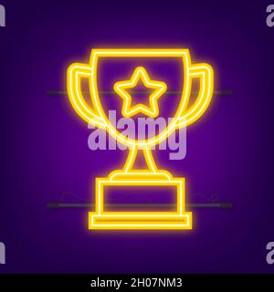 Pokal Vektor flache Ikone mit Stern und Lorbeerkranz. Neonsymbol. Vektorgrafik Stock Vektor