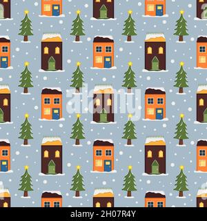 Nahtloses Muster mit festlichen Weihnachtshäusern, Bäumen und Schneeflocken auf blauem Hintergrund. Heller Druck für das neue Jahr und die Winterferien zum Einpacken von Papier, Textilien und Design. Stock Vektor