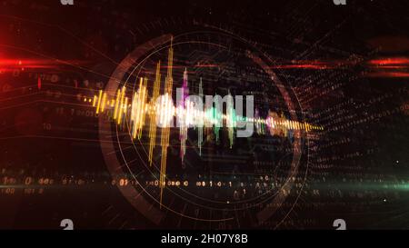 Audio-Spektrum Stimme Neon-Zeichen Konzept, Radio-Sound-Welle und Disco-Musik aufnehmen Lautstärke Signal. Futuristische 3d-Darstellung. Stockfoto