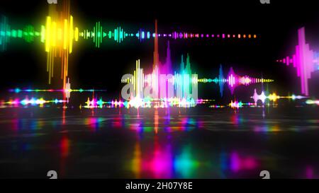 Audio-Spektrum Stimme Neon-Zeichen Konzept, Radio-Sound-Welle und Disco-Musik aufnehmen Lautstärke Signal. Futuristische 3d-Darstellung. Stockfoto