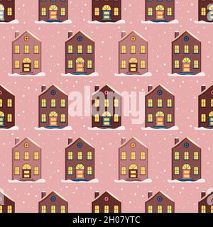 Nahtloses Muster mit festlichen Weihnachtshäusern und Schnee auf rosa Hintergrund. Heller Druck für Neujahr und Winterurlaub zum Einpacken von Papier, Textil und Design Stock Vektor