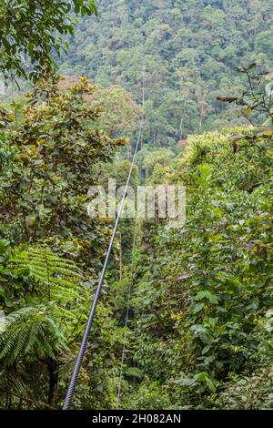 Seilbahnen durchqueren tiefes Tal, bis zu 152 m über dem Boden in der Nähe von Mindo, Ecuador. Stockfoto