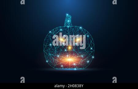 Halloween Kürbis mit gruseligen Gesicht isoliert auf dunkelblauem Hintergrund. Low-Poly Drahtmodell Halloween-Konzept. Digitale Vektorgrafik mit niedrigem Poly-Poly-Bereich. Stock Vektor