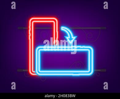 Drehen Sie das isolierte Symbol des Smartphones. Neonsymbol. Symbol für die Geräterichtung. Schalten Sie das Gerät ein. Vektorgrafik Stock Vektor