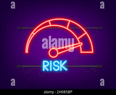 Risiko-Symbol auf dem Tachometer. Neonsymbol. Messgerät für hohes Risiko. Vektorgrafik Stock Vektor