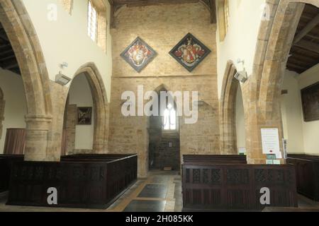 Fawsley Church St. Marys Glasmalerei aus Sulgrave Manor und der Familie Washington, auch Familie Knightley Stockfoto