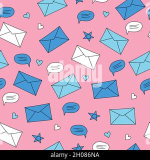 Umschläge und Sprechblasen auf einem rosa Hintergrund. Nahtloses Muster in handgezeichneter Optik. Korrespondenz-, Chat- und Kommunikationskonzept Stock Vektor
