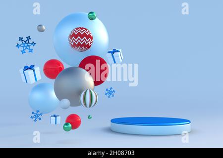 Abstraktes rot-blaues festliches 3D-Podium mit weihnachtlichen Schneeflocken und Geschenken. Kreative Wintermockup für Silvester Urlaub, Promo, Party, Event-Design. Stockfoto
