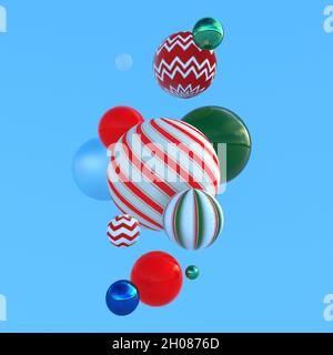 3D-Komposition für Weihnachten im Winter. Weihnachtsstudio. Minimal abstrakt festliche Neujahr Hintergrund mit fliegenden Weihnachtskugeln. Urlaubsvorlage Stockfoto