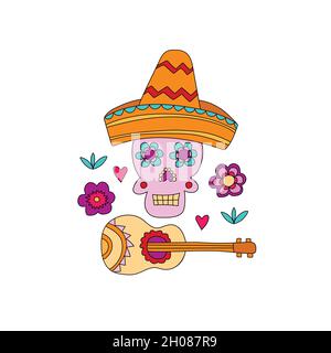 Cinco de Mayo Fiesta handgezeichneter Totenkopf mit Dekorationselementen. Mexikanischer Urlaub, Fiesta-Party. Für Poster, Banner, Grußkarte Stock Vektor