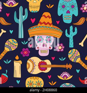 Nahtloses Muster für Dia de los muertos und Halloween. Zuckerschädel auf dunkelblau. „Day of the Dead“-Konzept. Design für Stoff oder Verpackung Stock Vektor